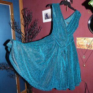 GOTH WEDDING PROM METTALIC TEAL KNEE LENGTH SKATER WRAP DRESS SLEEVELESS XL